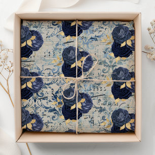 Papier Mousseline Motif damassé floral or et bleu vintage