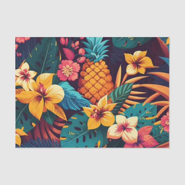 Papier Mousseline Motif d'ananas à fleurs tropicales hawaïennes (Recto)