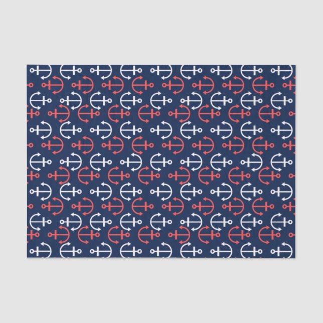 Papier Mousseline Motif d'Ancres nautiques rouge corail et blanc (Recto)