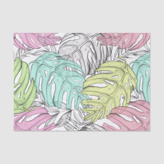 Papier Mousseline Motif d'aquarelle en feuille de monstère pastel tr (Recto)