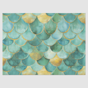 Papier Mousseline Motif d'aquarelle Gold Aqua Mermaid
