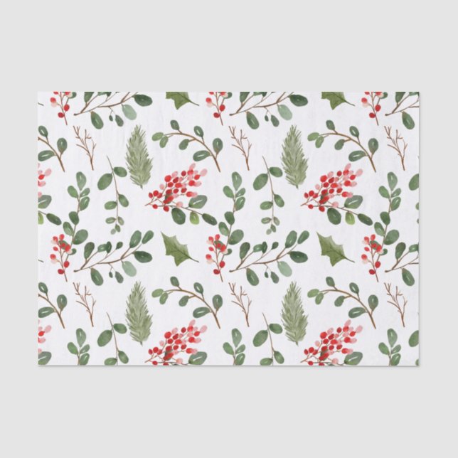 Papier Mousseline Motif d'aquarelle Holly Feuille Red Berry (Recto)