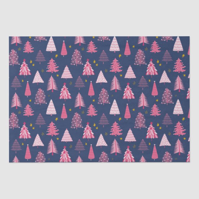 Papier Mousseline Motif d'arbre de Noël bleu et rose (Recto)