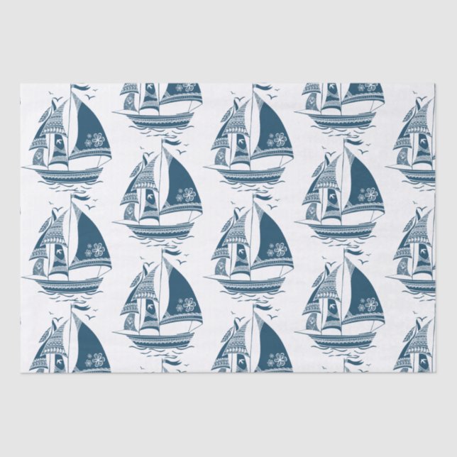Papier Mousseline Motif de bateau à voile bleu marine (Recto)