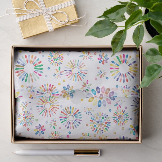 Papier Mousseline Motif de cercles de fleurs colorées sur fond blanc (Cadeau)