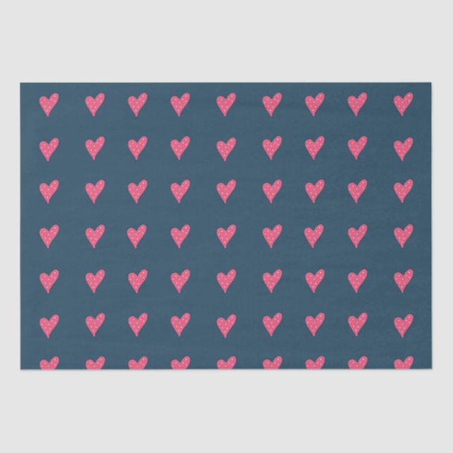 Papier Mousseline Motif de coeur rose moderne sur bleu foncé  (Recto)