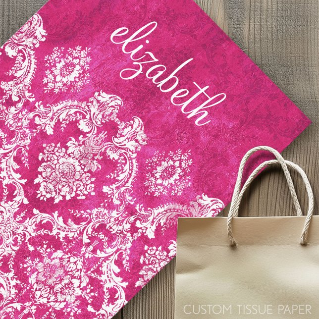 Papier Mousseline Motif de Damas de Grunge rose chaud Texte personna (Custom Tissue Paper)