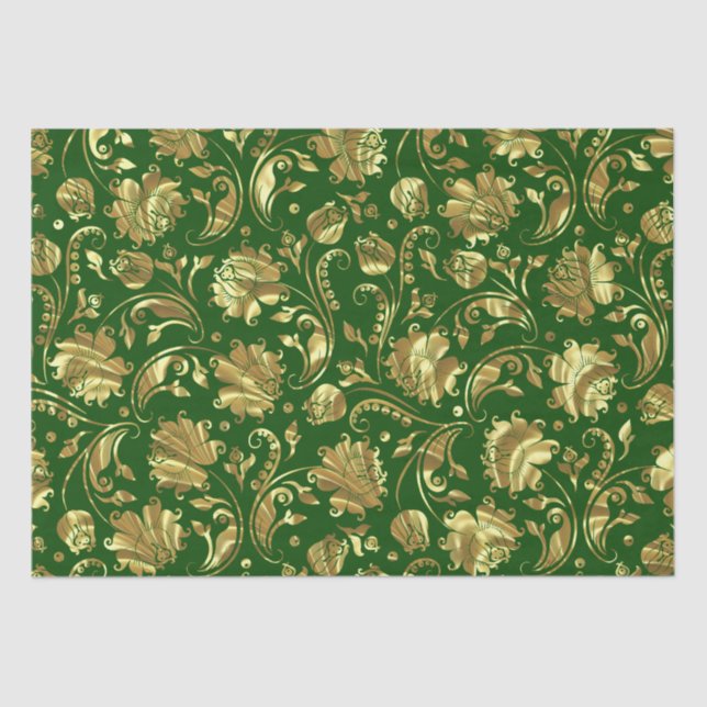 Papier Mousseline Motif de Damas Floral Vert & Or (Recto)