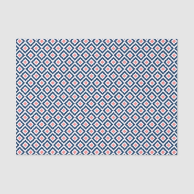 Papier Mousseline Motif de diamants Ikat bleu et corail (Recto)