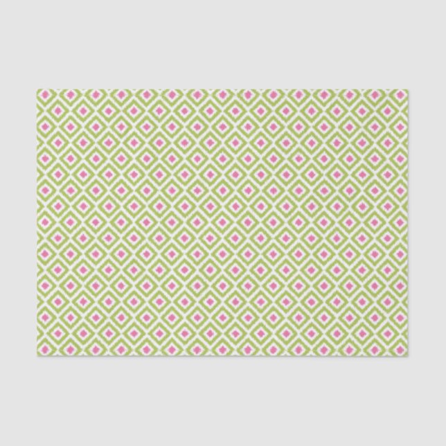 Papier Mousseline Motif de diamants Ikat verts et roses (Recto)