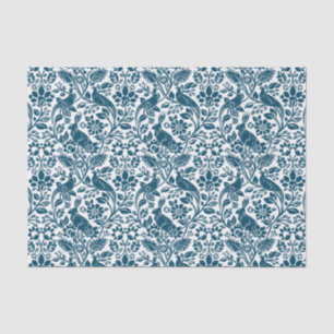 Papier Mousseline Motif de faisan et lièvre, blanc et bleu foncé