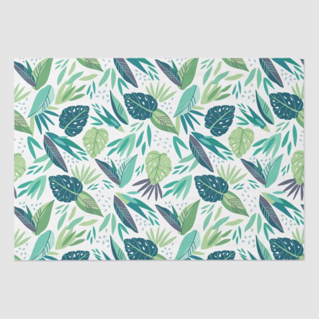 Papier Mousseline Motif De Feuilles Vertes Tropicales Agréées Sur Bl (Recto)