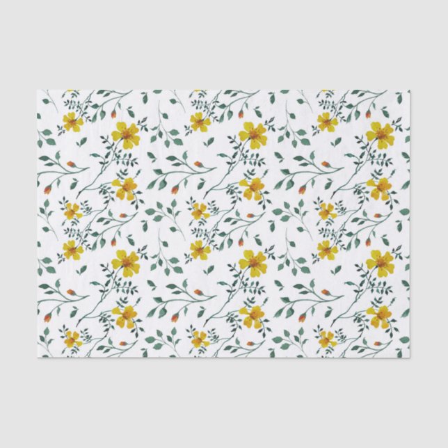 Papier Mousseline Motif de fleurs de printemps jaune très délicat (Recto)