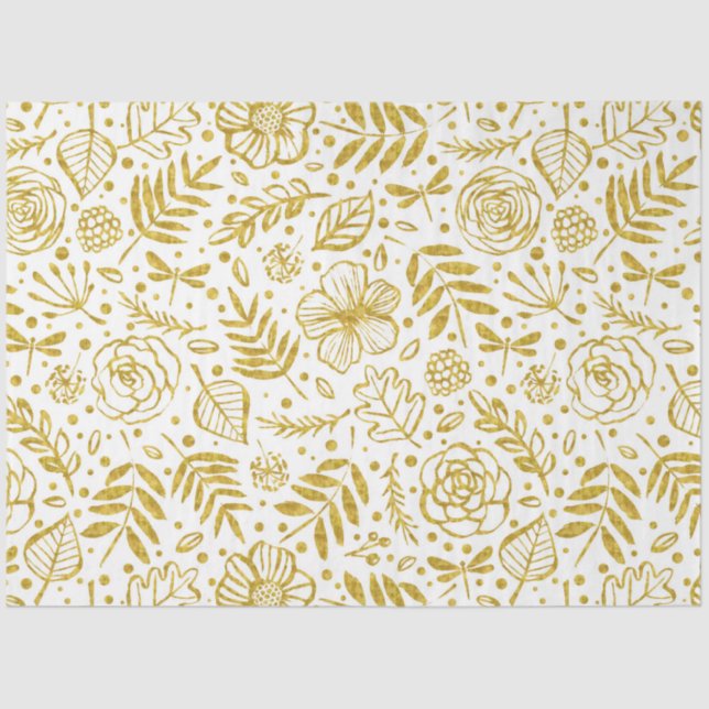 Papier Mousseline Motif de fleurs d'or et de blanc (Recto)