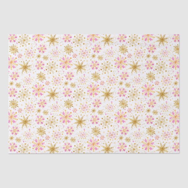 Papier Mousseline Motif de flocons de neige hivernaux rose et or (Recto)