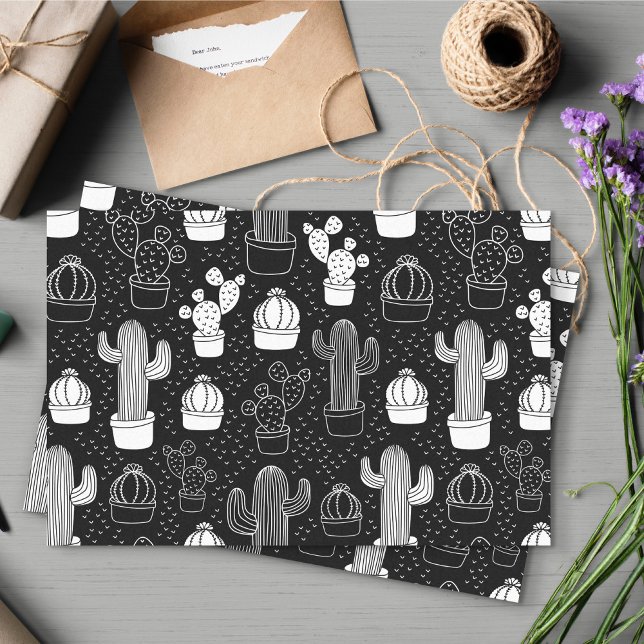 Papier Mousseline Motif de gribouillis noir et blanc (Black and White Doodle Cactus Pattern Tissue Paper)