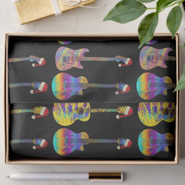Papier Mousseline Motif de la guitare de Noël colorée (Colorful guitar pattern christmas wrapping tissue paper For guitarists musicians and music shops)