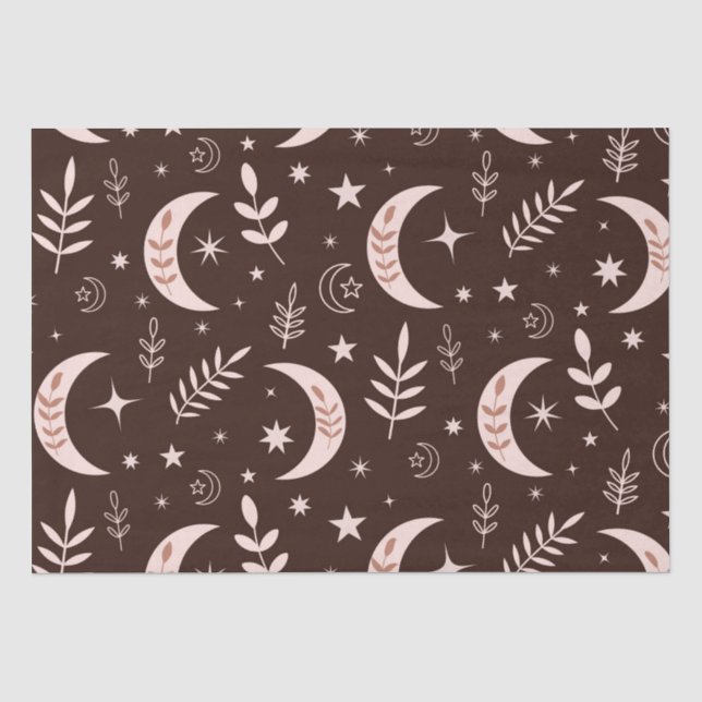Papier Mousseline Motif de lune Boho avec feuilles et étoiles (Recto)