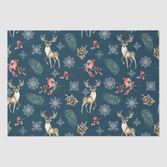 Papier Mousseline Motif de Noël avec cerfs et pinces bleu (Recto)