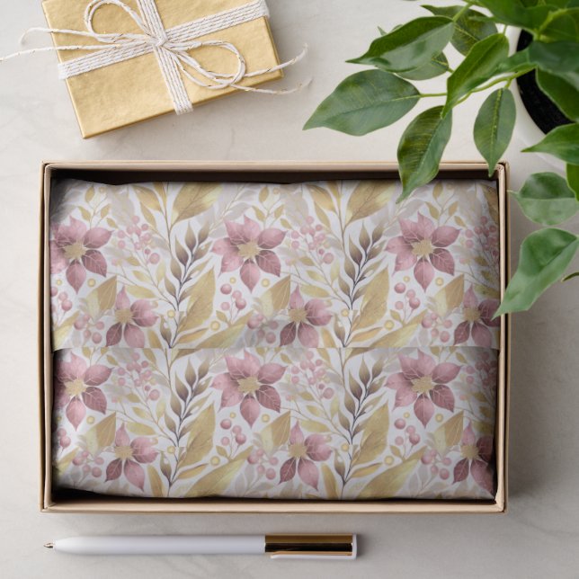 Papier Mousseline Motif de Noël en or rose #21 ID1009 (Cadeau)