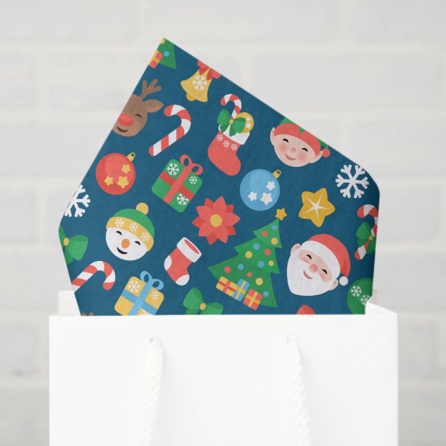 Papier Mousseline Motif de Noël joyeux sur bleu (Sac cadeau)
