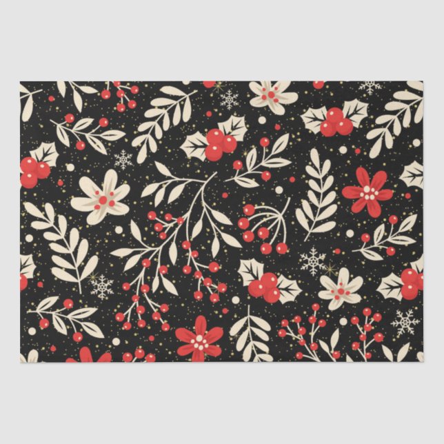 Papier Mousseline Motif de Noël rouge et blanc sur noir (Recto)