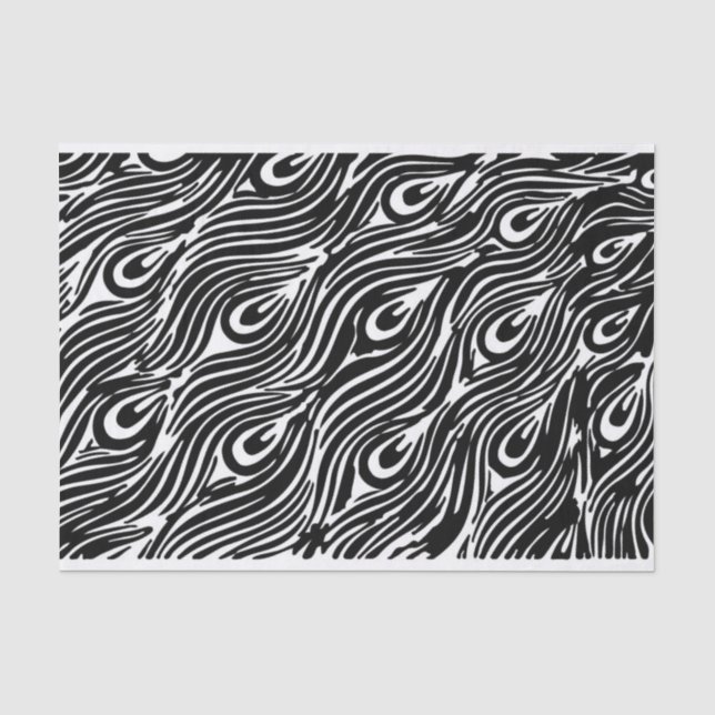 Papier Mousseline Motif de plume Peacock noir et blanc (Recto)