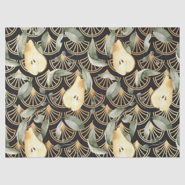 Papier Mousseline Motif de poires d'aquarelle et d'échelles d'or (Recto)