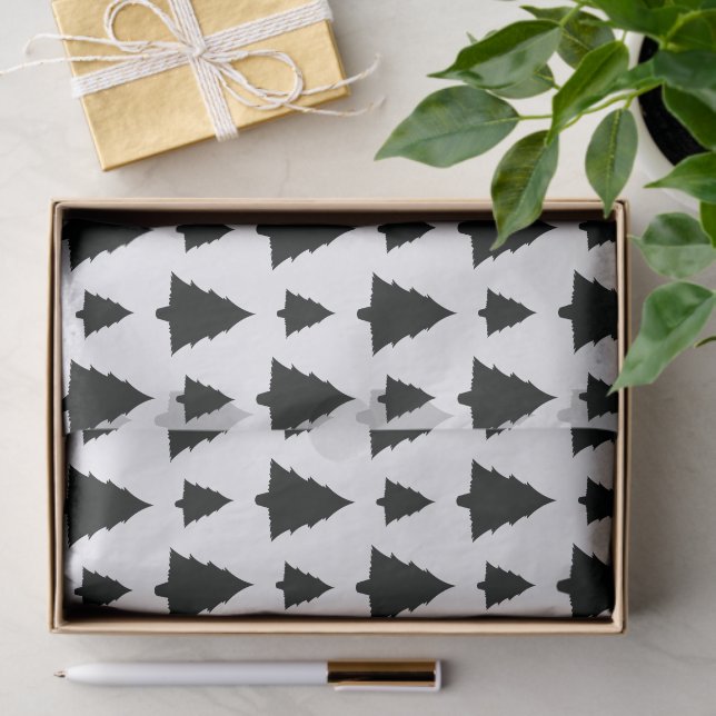 Papier Mousseline Motif de sapin noir et blanc (Cadeau)