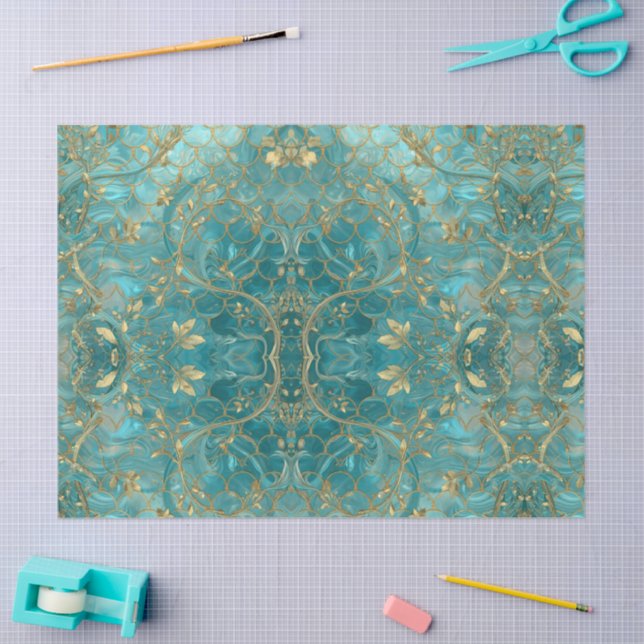 Papier Mousseline Motif d'écailles de sirène Aqua nacré & Or  (Artisanat)