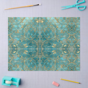 Papier Mousseline Motif d'écailles de sirène Aqua Pearlescent & Or