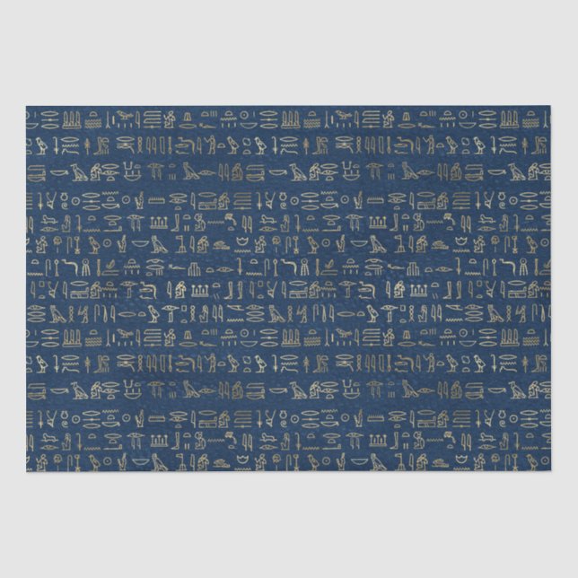 Papier Mousseline Motif des hiéroglyphes d'Égypte or et bleu (Recto)