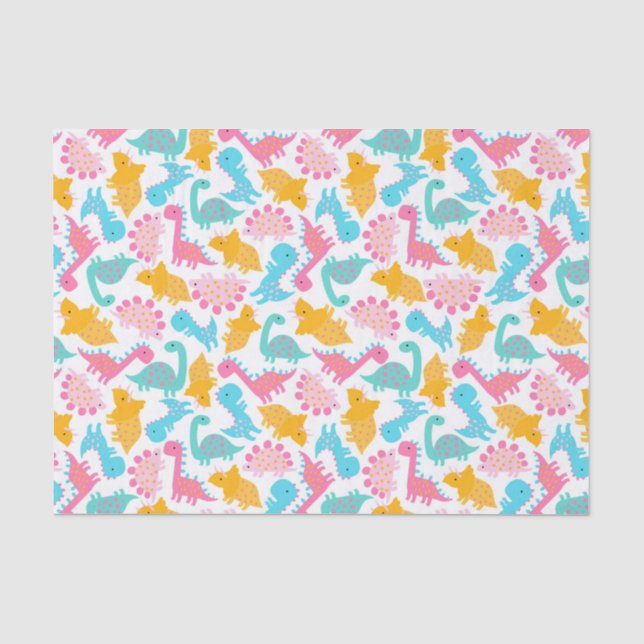 Papier Mousseline Motif Dinosaur rose et Turquoise (Recto)