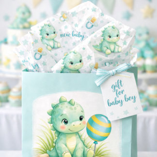 Papier Mousseline Motif dinosaure bleu sarcelle et blanc  