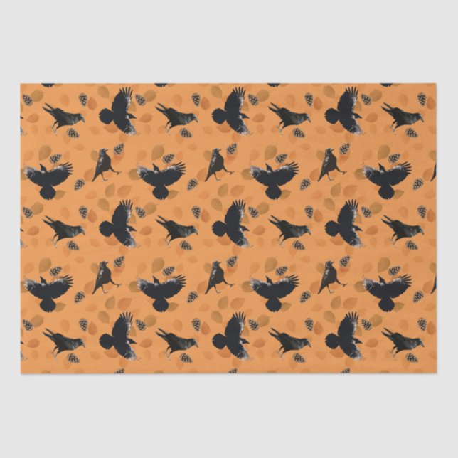 Papier Mousseline Motif d'Orange Autumn Woodland Leaf et Crow Bird (Recto)