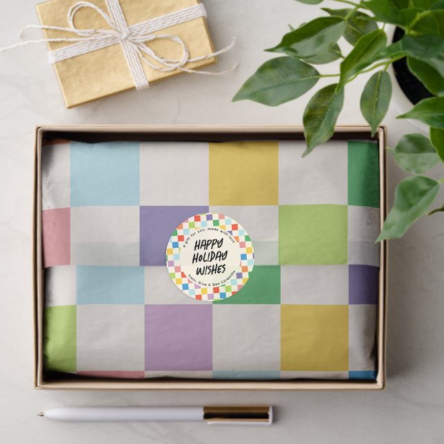 Papier Mousseline Motif en arc-en-ciel coloré (colorful checkerboard tissue paper with matching custom gift sticker)