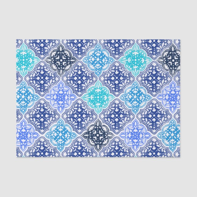 Papier Mousseline Motif en carrelage marocain peint en bleu (Recto)