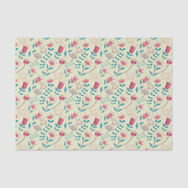 Papier Mousseline Motif floral avec des chats de bande dessinée (Recto)