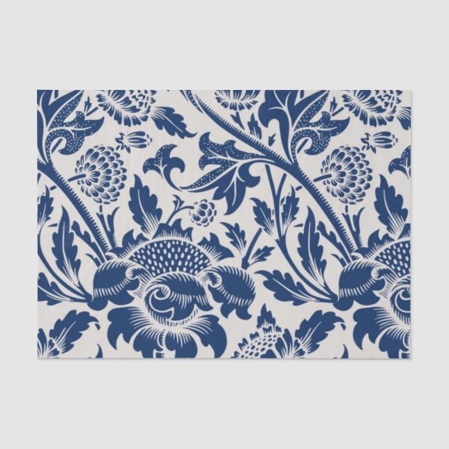 Papier Mousseline Motif floral bleu complexe sur fond clair (Recto)