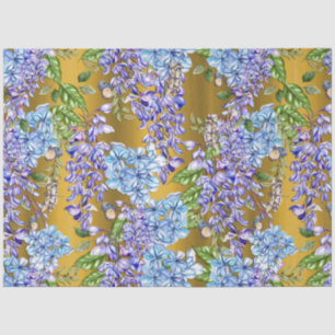 Papier Mousseline Motif floral bleu sur or