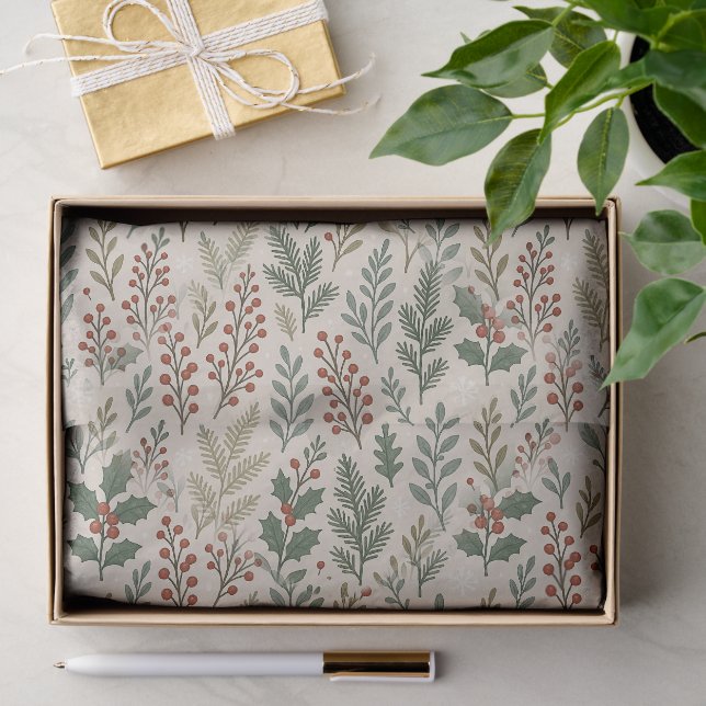 Papier Mousseline Motif floral chic de baie de houx botanique (Cadeau)