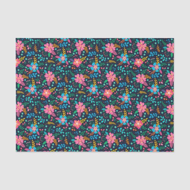 Papier Mousseline Motif floral de fleurs sauvages roses et bleues ch (Recto)