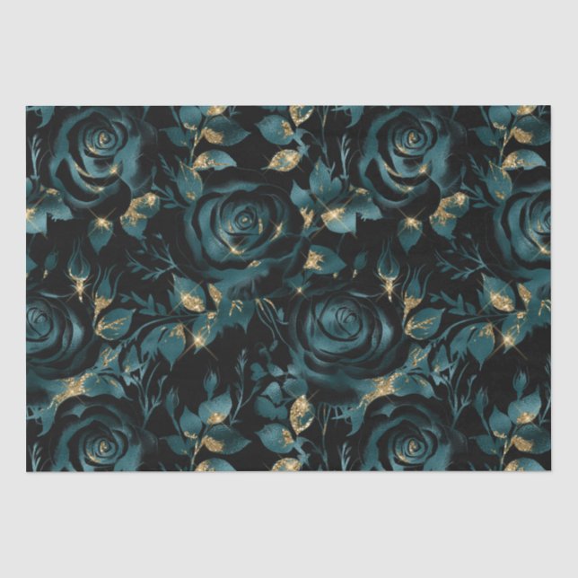 Papier Mousseline Motif floral de rose sarcelle et or élégant (Recto)