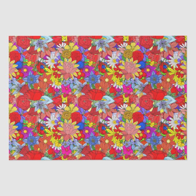 Papier Mousseline Motif floral jaune bleu pourpre vert rouge (Recto)