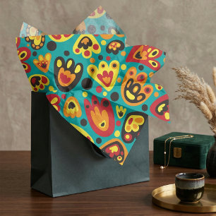 Papier Mousseline Motif floral rétro sarcelle et jaune des années 19