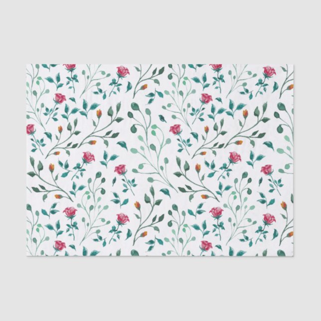 Papier Mousseline Motif Floral Rustique & Foliage Vert (Recto)