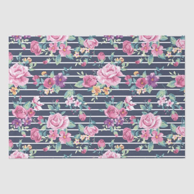 Papier Mousseline Motif floral sur le feuillage Rose rayé rose pourp (Recto)