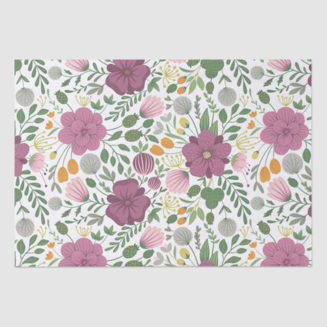 Papier Mousseline Motif Floral tendance rose jaune pourpre vert (Recto)