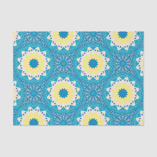 Papier Mousseline Motif géométrique tendance bleu et jaune ornementa (Recto)