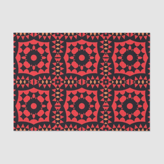 Papier Mousseline Motif géométrique tribal rouge et noir (Recto)